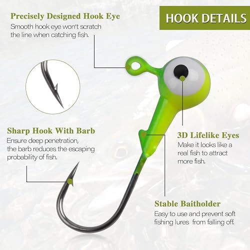 Fishing Jig Head Hooks - 25/50pcs Painted Round Ball Head Jigs with 3D Eyes Crappie Jig Hook for Bass Trout Walleye Fishing Jig Head Baits Assorted 1/32oz 1/16oz 1/8oz 1/4oz 3/8oz - style: 0.9g(1/32oz)-50pcs