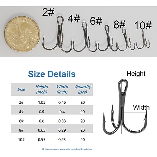 20pc/Box Fishing Treble Hooks Set High Carbon Steel Fishing Hooks Classic Round Bend Hook 2# 4# 6# 8# 10# - color: Black, size: 4#-20pcs