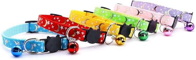 Reflective Cat Collars Breakaway with Bell 2-Pack Girl Boy Pet Kitten Collar with Star Moon Patetrn Adjustable 7.5-12.5 Inch (Green)