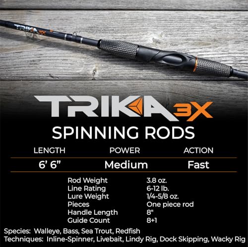 TRIKA 3X Carbon Rod Carbon Weave Rod for Extra Sensitive Vibration | Longer Casting | Lightweight Freshwater Fishing Pole - style: Spinning 6'6" Medium/Fast 1pc.