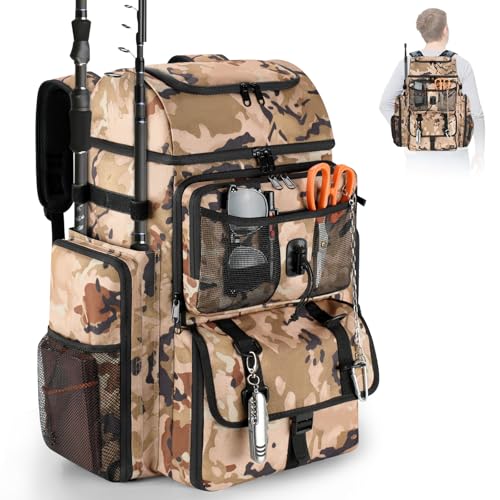 VJI Fishing Tackle Backpack with Rod Holder, Large Tactical Backpack, Fishing Gear Tackle Box Tactical Backpack, Water Resistant Sport Bag and Equipment