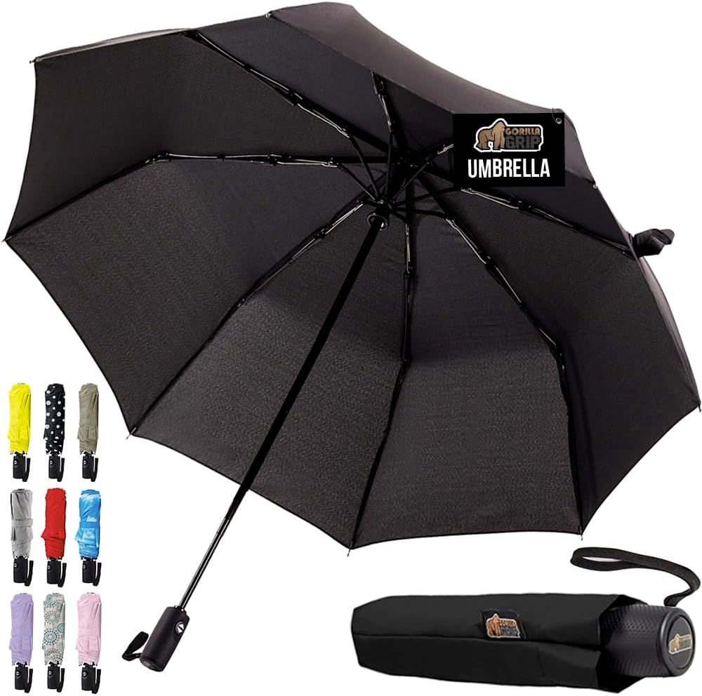 GORILLA GRIP Strong Windproof Stick Compact Umbrella for Rain, One-Click Automatic Open and Close, Durable Quick Dry Waterproof Material, Lightweight and Portable, Travel Size Fits Backpack, Black