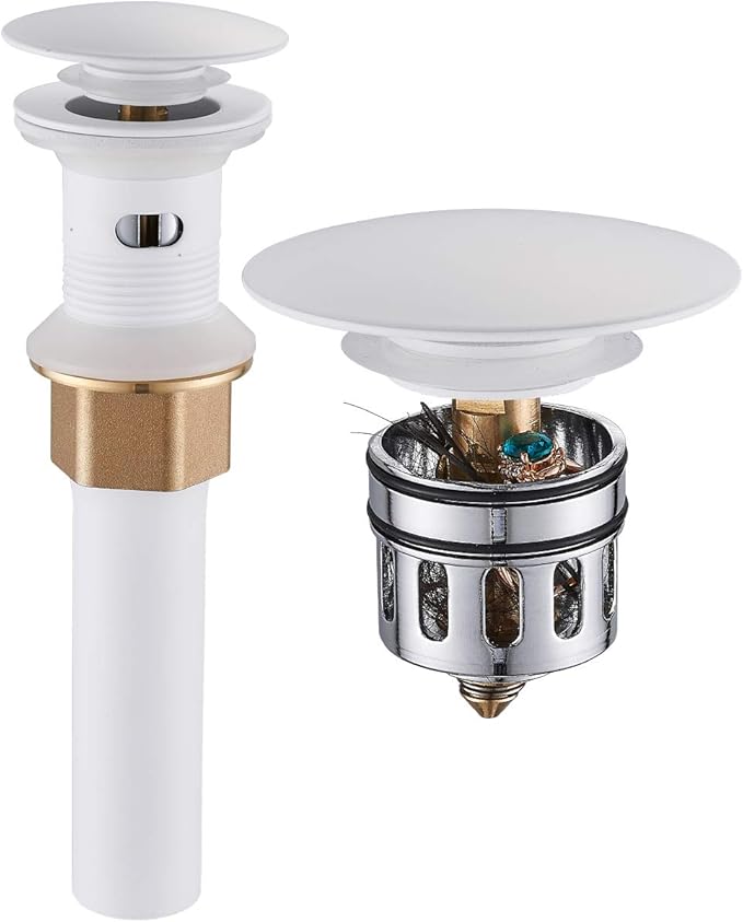 REGALMIX Vessel Sink Drain, Bathroom Faucet Vessel Sink Pop Up Drain Stopper, Built-in Anti-Clogging Strainer, with Overflow White, Fits Standard American Drain Hole(1-1/2" to 1-3/4") RWF083N