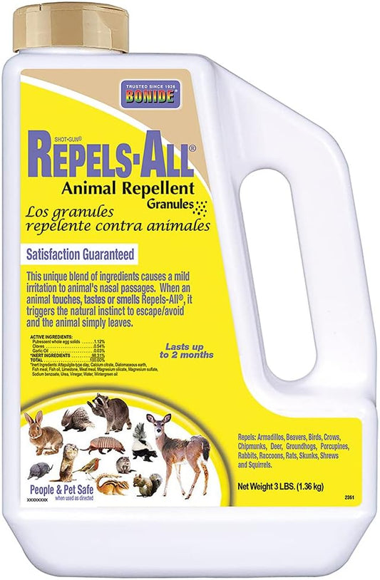 Bonide Repels-All Animal Repellent Granules, 3 lbs. Ready-to-Use Deer & Rabbit Repellent, Deter Pests from Lawn & Garden