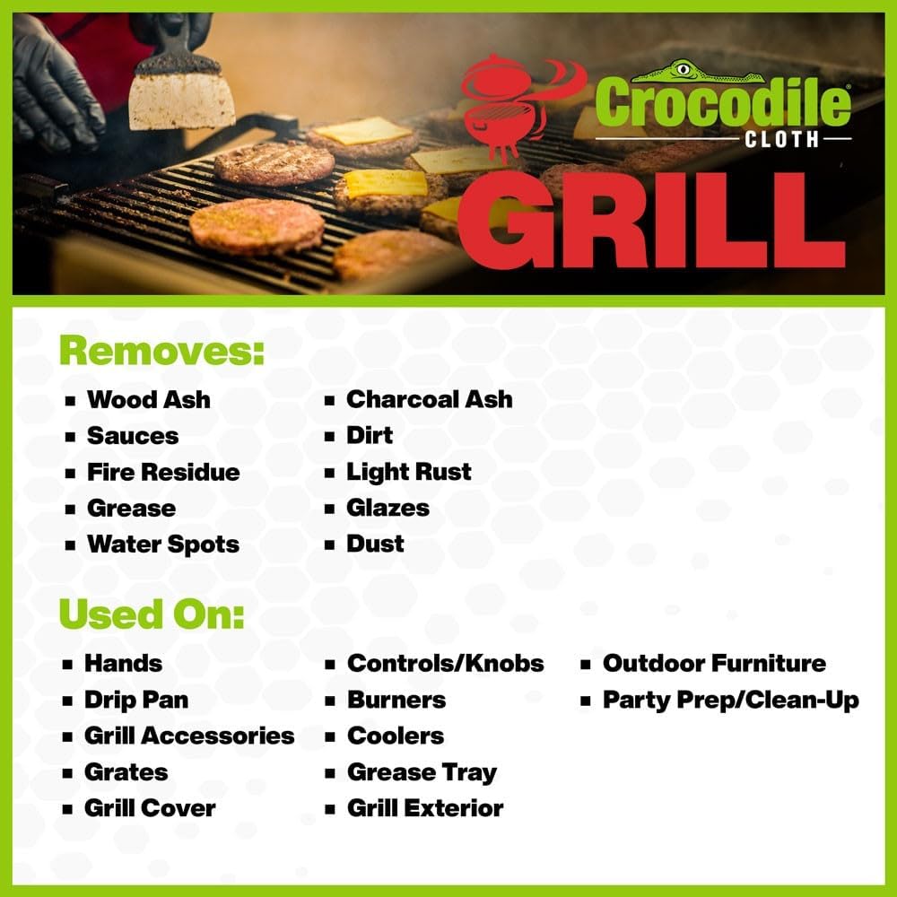 Crocodile Cloth Grill - 80 (15" x 10") Plant-based Cleaning Wipes. Safe on Skin & Multiple Surfaces. Infused with Aloe & Vitamin E. Large, Pre-Moistened & Absorbent.