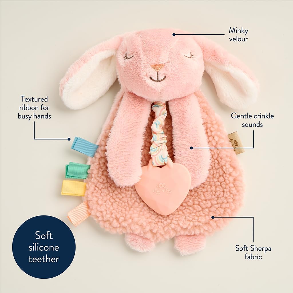 Itzy Ritzy - Itzy Lovey Including Teether - Baby Lovey with Teether, Textured Ribbons & Dangle Arms - Features Crinkle Sound, Sherpa Fabric and Minky Plush (Pink Bunny)