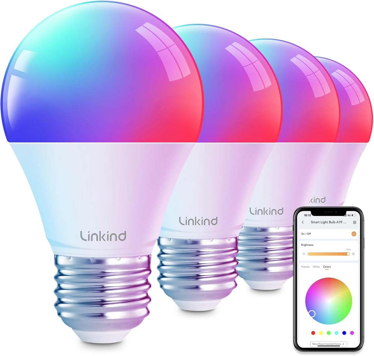 Linkind Smart Light Bulbs, Smart Bulb That Work with Alexa & Google Home, LED Light Bulbs Color Changing, 104 Preset Scene, Music Sync, A19 E26 2.4GHz RGBTW WiFi Bluetooth Light Bulb 60W, 800LM, 4Pack