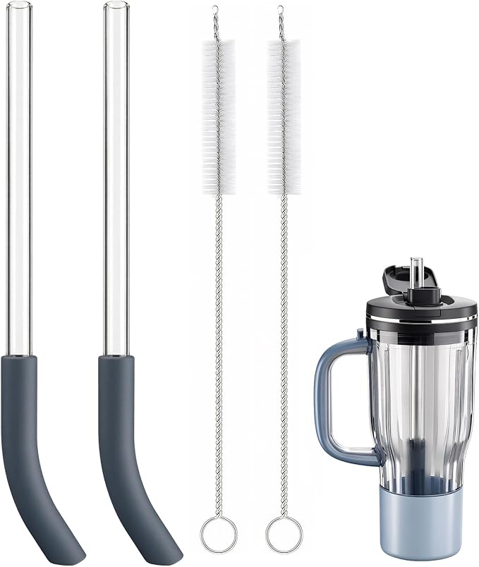 Replacement Straw Compatible with Ninja BlendBOSS Personal Smoothie Blender Tumbler, 2-Pack Reusable Drinking Straw with Cleaning Brush, Glass, Gray