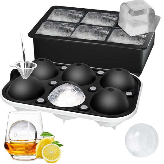 ROTTAY Ice Cube Trays (Set of 2), Sphere Ice Ball Maker with Lid & Large Square Ice Cube Maker for Whiskey, Cocktails and Homemade, Keep Drinks Chilled Black