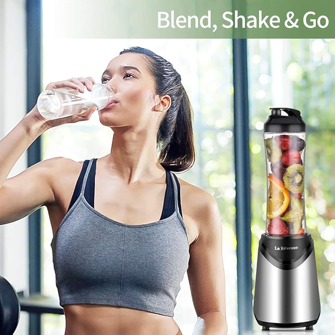La Reveuse Smoothies Blender Personal Size 300 Watts with 18 oz BPA-Free Portable Travel Sports Bottle, Silver