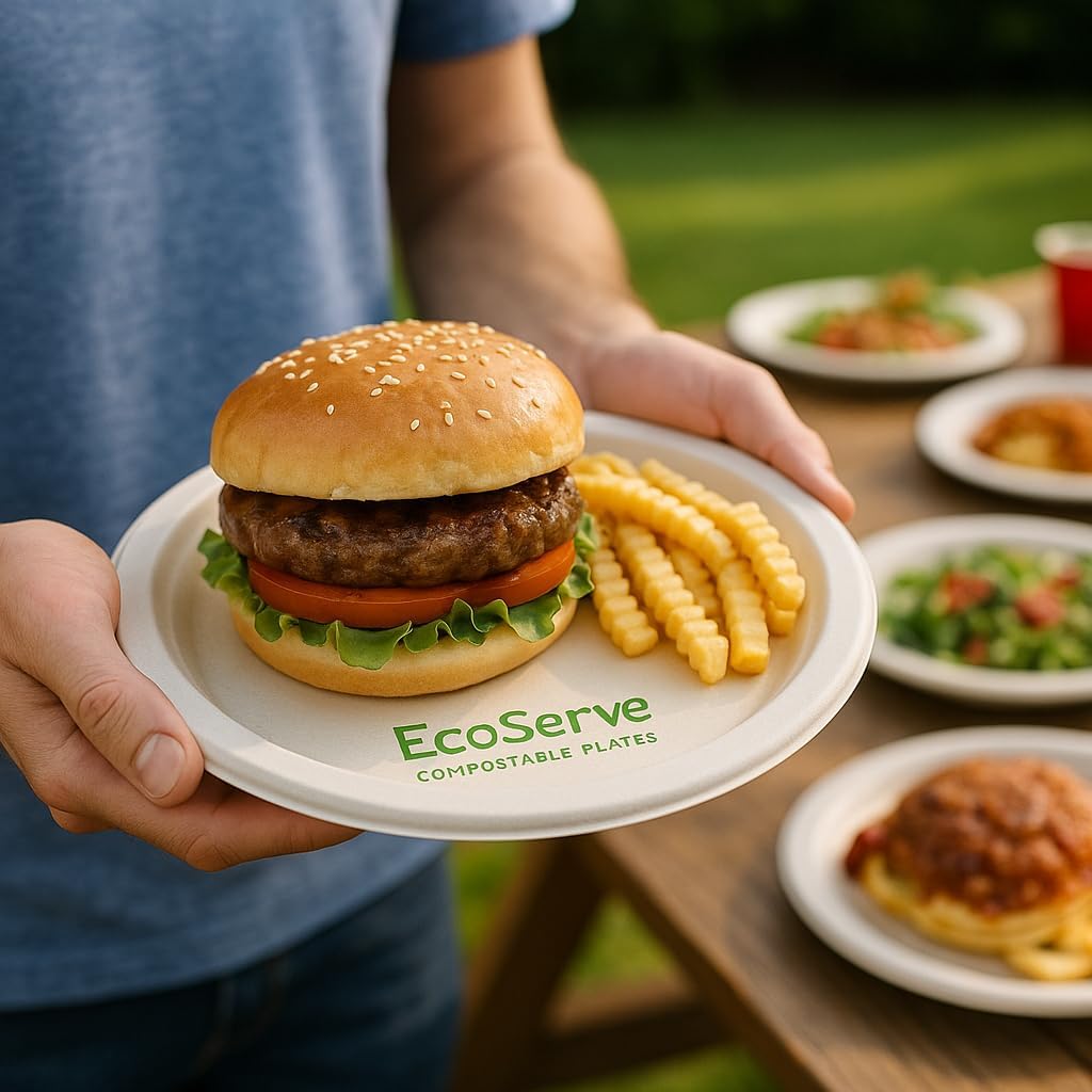 9-Inch Compostable Paper Plates, 125 Count | 100% Biodegradable Bagasse, Strong & Durable, Microwave-Safe, Soak-Proof for BBQs, Parties & Everyday Meals