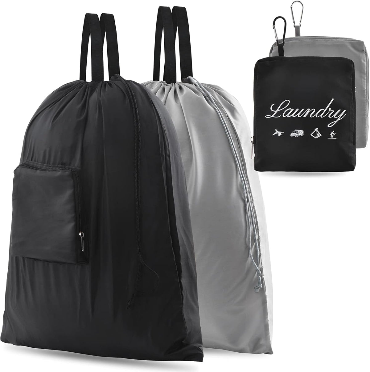 2 Pcs JHX Travel Laundry Bags, Dirty Clothes Organizer【Upgraded】with Handles and Aluminum Carabiner for Travel, Camp, Fitness, and Students (Black&Grey) 24"L x 21"W