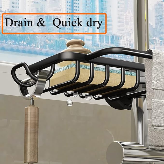 Kitchen Sink Caddy Organizer with Dish Towel Drying Rack & Hooks Over Faucet for Sink Organization (Double Towel Rack, Black)