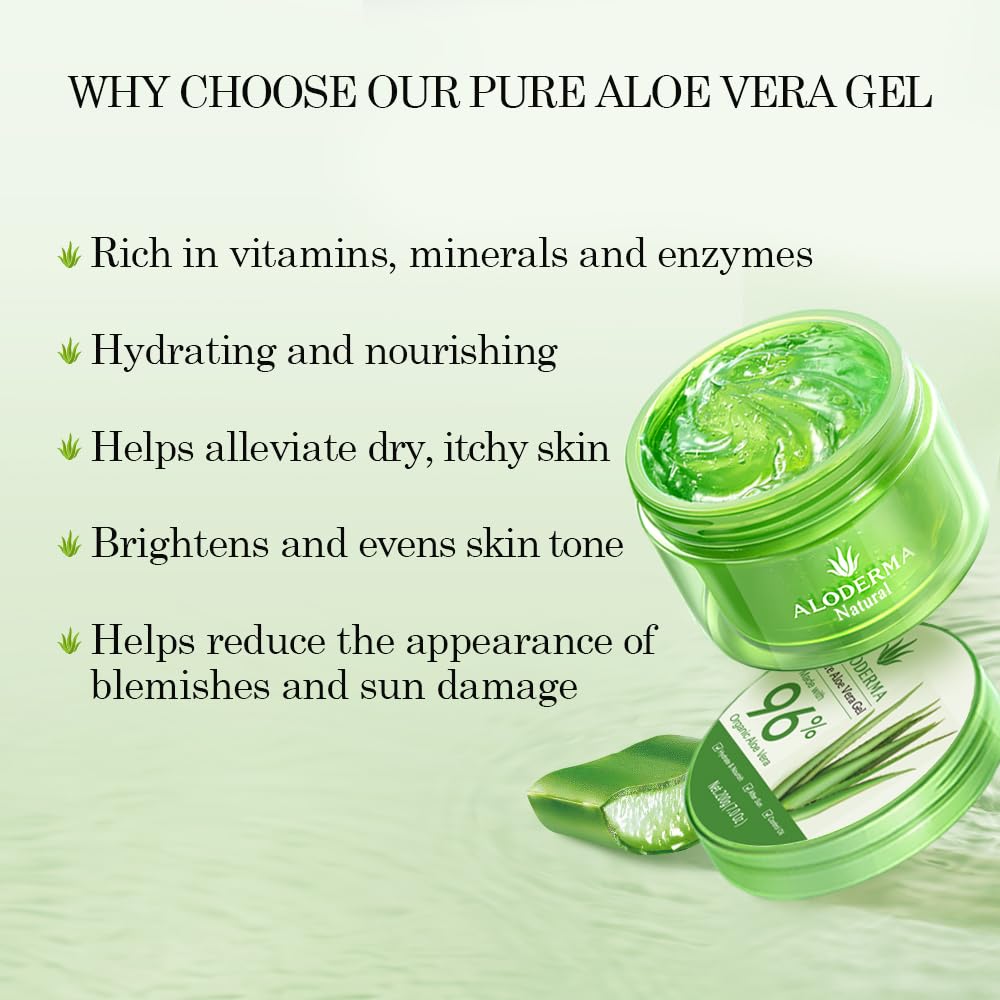 Aloderma Organic 96% Aloe Vera Gel – Hydrating Face, Body & After-Sun Care, 7oz