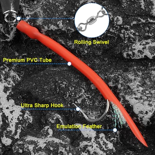 Diamond Jig Saltwater Fishing Lures Casting Jigging Spoon with Tube Tail Stainless Steel Hooks Trolling Lures Striped Bass Metal Jig for Deep Sea Surf Fishing Bottom Dragging Sinking - color: Red, size: 1 oz