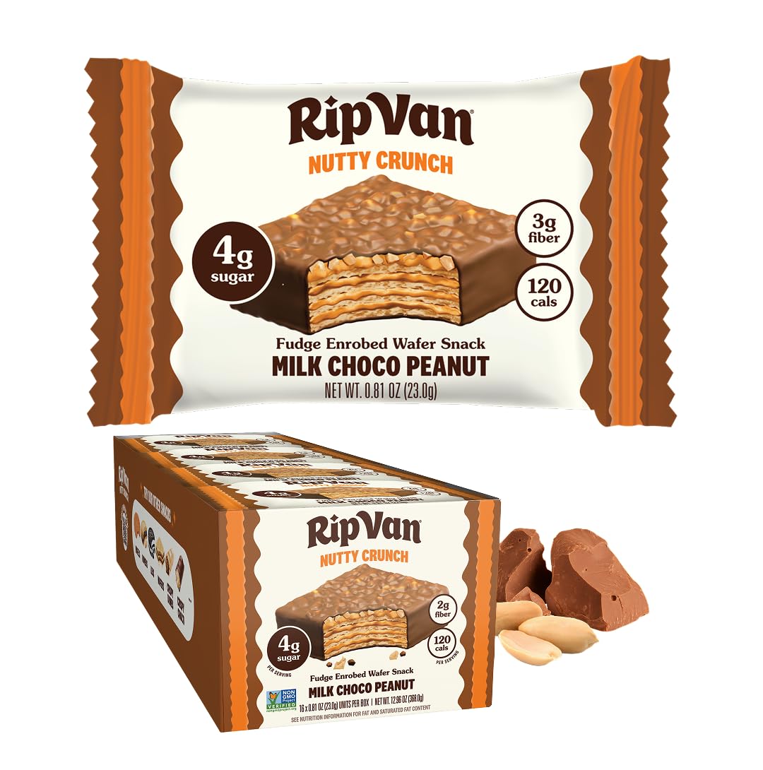 Rip Van Nutty Crunch Dark Chocolate Peanut Butter Wafer – Crispy Wafer Snack, Low Sugar, 120 Calories, Individually Wrapped - 16 Count