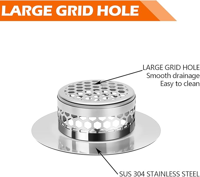 Hair Catcher Shower Drain Bathtub Lavatory Sink Drain Strainer for Laundry, Mop Pool, Utility, Slop, RV Sink, Stainless Steel Drain Filter。Fit Hole Size from 1.65-2.17" ，2Pack (1.5”)