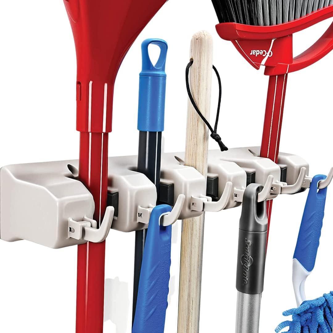 HOME IT Mop And Broom Holder Wall Mount - Garage Storage Systems with 5 Slots, 6 Hooks, 7.5lbs Capacity Per Slot - Garden Tool Organizer For Home, Kitchen, Closet, Garage, Laundry Room - Off-White