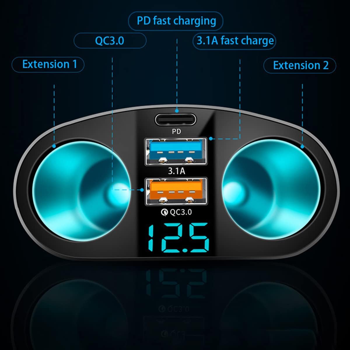 Car Cigarette Lighter Splitter, 2-Socket Cigarette Lighter Adapter with LED Voltmeter, Dual USB QC3.0 Type-C 20W PD Fast Car Charger, 12V/24V Splitter Adapter for Smart Phone GPS Dash Cam
