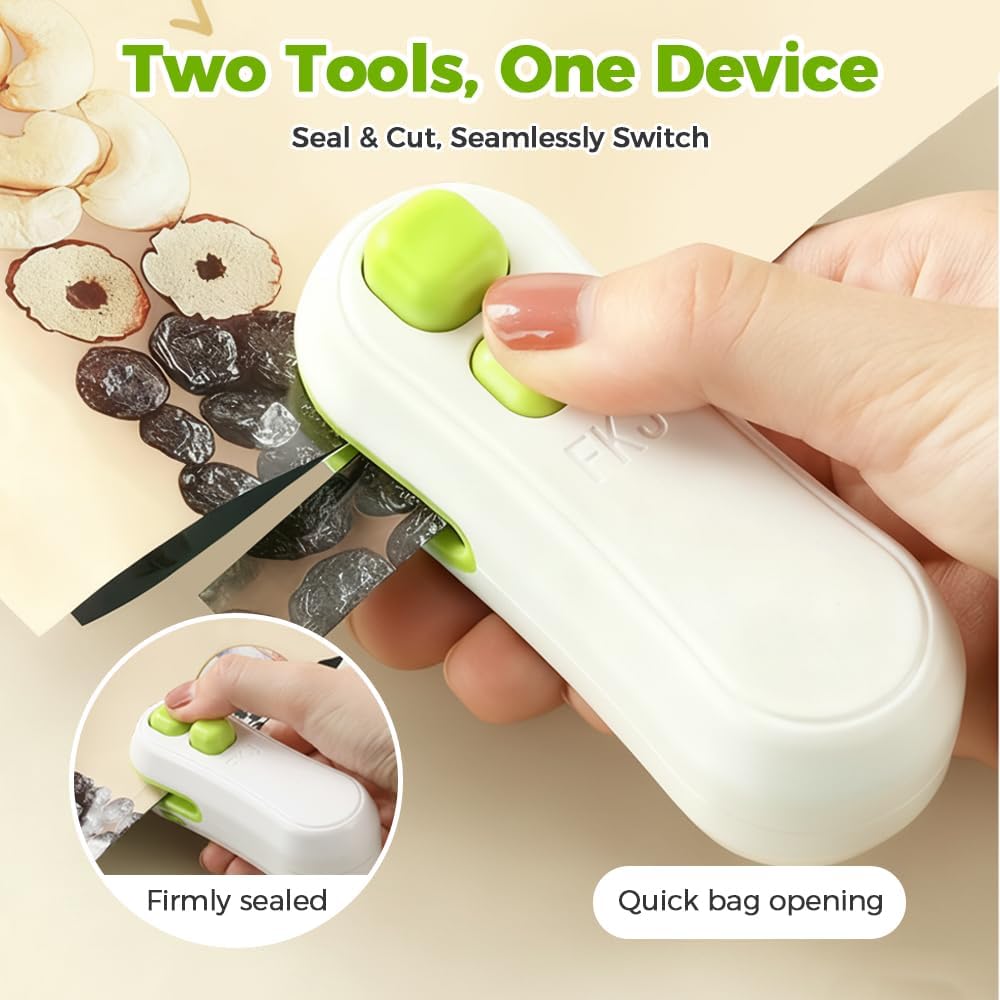Mini Bag Sealer, 2-in-1 Heat Sealer and Cutter with Magnet, Portable USB Rechargeable Bag Resealer for Chip Bags, Snacks & Food Storage, Handheld Chip Bag Sealer (White)