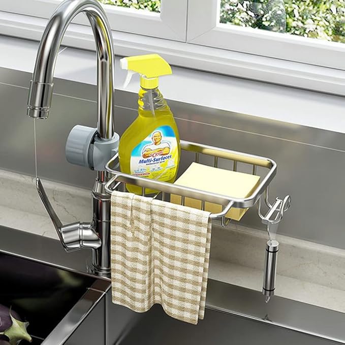Faucet Sponge Holder Upgraded Kitchen Sink Caddy Organizer with Dish Towels Drying Rack & Hooks Over Faucet Hanging Faucet Drain Rack for Sink Organizer (with Towel Rack-Right, Silver)