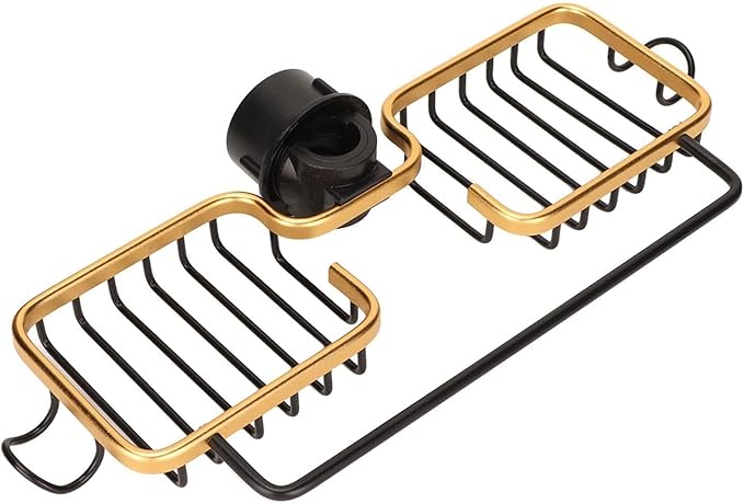 Faucet Holder, Double Faucet Storage Rack with Hooks Faucet Sponge Holder over Faucet Hanging Aluminum Detachable Faucet Drain Rack for Kitchen Sink Bathroom Organizer and Storage(Gold)
