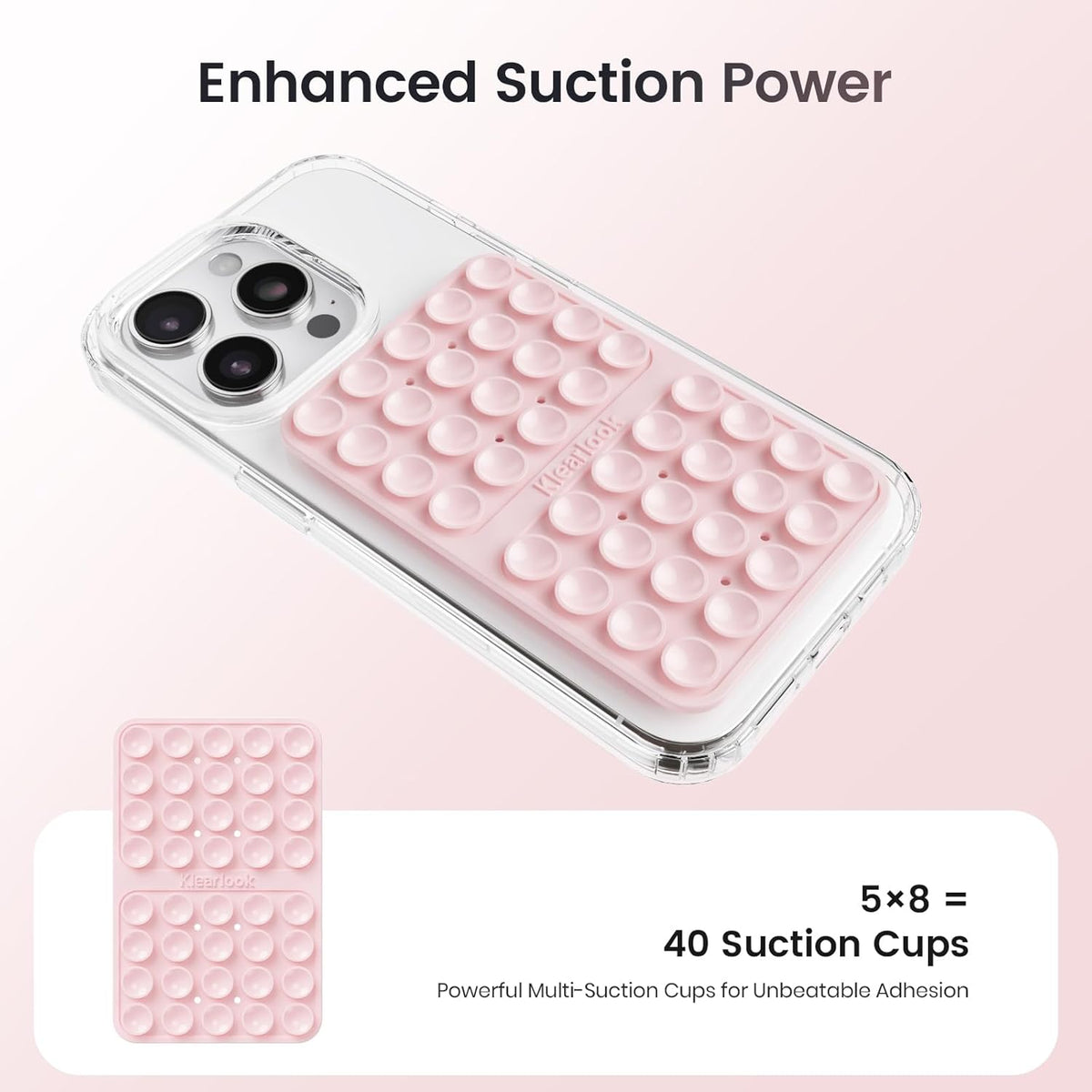 Klearlook Silicone Double-Sided Suction Cup Phone Case Detachable Mount, Sticky Phone Grip with Higher Suction Power for iPhone, Hands-Free Phone Accessories Holder for Selfies and Videos, Light Pink