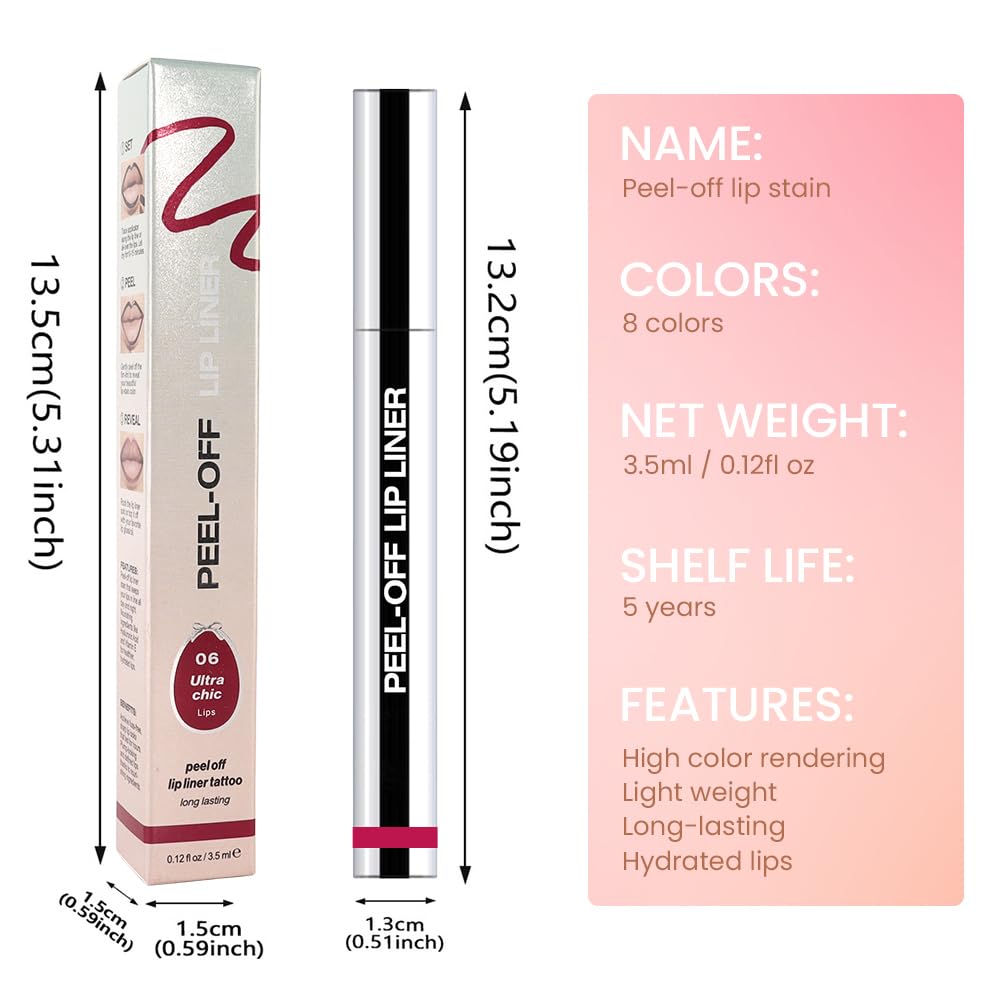 Peel Off Matte Liquid Lip Gloss Stain-Lip Liner with Tweezer, Pinkish Red Peel Off Lip Stain, Long Lasting & Waterproof Lipstick Tattoo, Transfer-Proof Lip Gloss for All Skin Types (06#, 1Pcs)