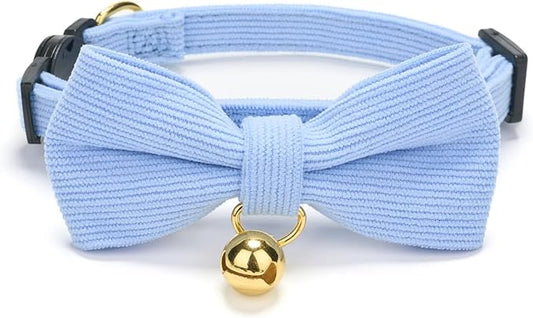 Cotton Breakaway Cat Collar with Bow Tie and Bell, Adjustable Cute Soft Corduroy Kitten Collars for Girl and Boy Cats