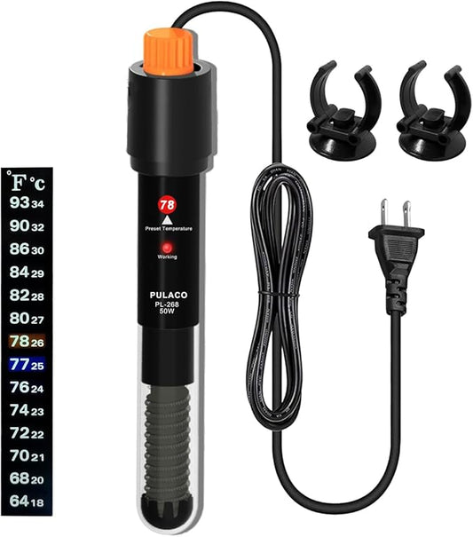PULACO 50Watt Aquarium Heater for 6-15 Gallon Fish Tank, Adjustable Submersible Heater Thermostat with Thermometer Strip and Suction Cup