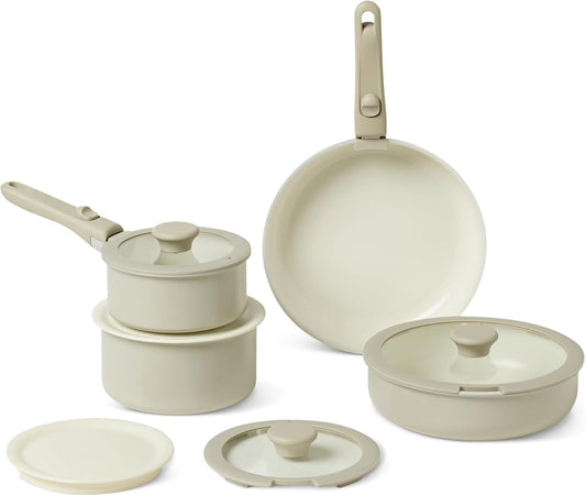 Amazon Basics Ceramic Nonstick Stackable Cookware with Detachable Handles, 11-Piece Set, All Cooktop Friendly, Linen Gray