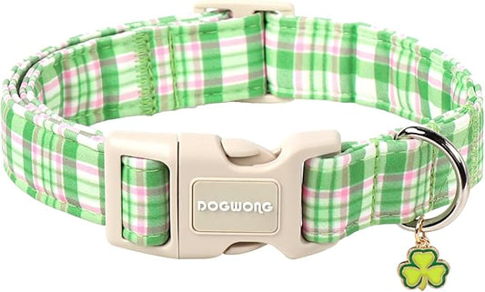 DOGWONG Pink Plaid Adjustable Pet Collar Comfortable Spring Summer Puppy Collar Cute Cotton Collars Durable Necklace Gift for Medium Large Dogs,L