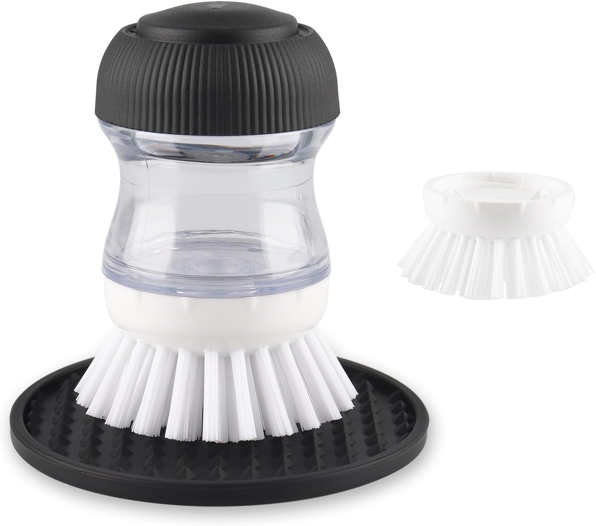 OYV Soap Dispensing Palm Brush, Dish Brush Set with Silicone Drip Tray and One Refill, Kitchen Dish Scrub Brush for Cleaning Pots, Pans, Sinks