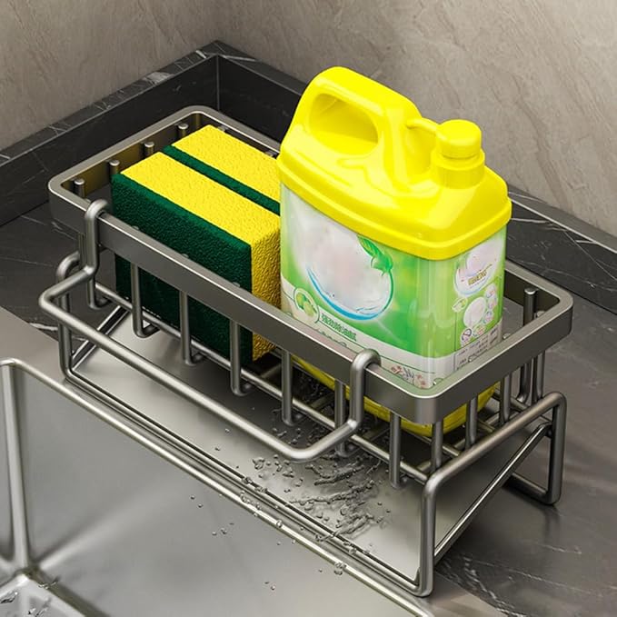 Sink Caddy Kitchen Sink Organizer, Sponge Holder for Kitchen Countertop for Dish Brush Gloves, Dish Cloth Hanger, Rustproof Kitchen Caddy with Drip Tray (Grey)