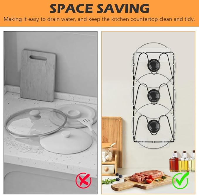 2 Pack Pot Lid Organizer for Cabinet Door, 3 Tier Wall Mount Lid Holder Rack, Adhesive No Drill or Screw Install, Iron Storage for Lids Baking Sheets Cutting Boards, Black
