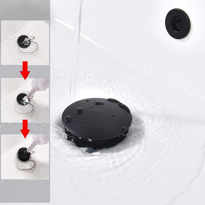 Rockgoya Bathroom Sink Drain,Drain Stopper Bathroom Sink Without Overflow,Pop Up Drain Assembly with Detachable Strainer Basket,Built-in Anti-Clogging Strainer,Stainless Steel Mattle Black