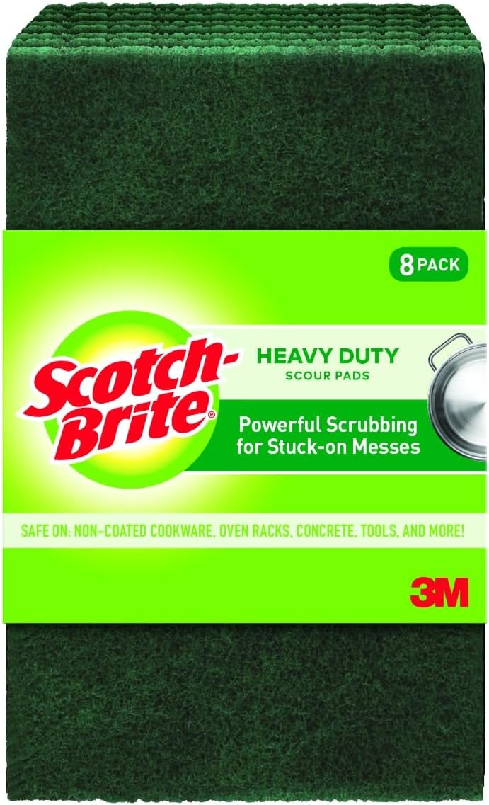 Scotch-Brite Heavy Duty Scouring Pad, Dish Scrubber for Kitchen + Outdoor, 8 Scrub Pads for Uncoated Pots and Pans, Cast Iron Cooktops, Grill Grates, Oven Racks, & BBQ, Durable, Long-Lasting