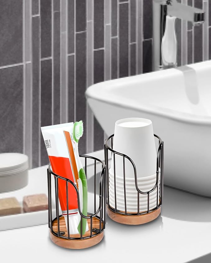 2PCS Rural Style Bathroom Cup Dispenser, Small Disposable Paper Cup Holder, 3oz Disposable Mouthwash Cup Storage Rack, Iron Bathroom Organizer