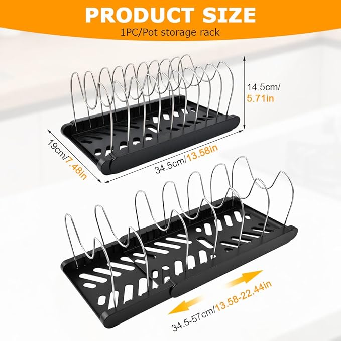 Pot and Pan Organizer, Expandable Pan Organizer for Cabinet, Pot Lid Holder with 10 Adjustable Compartments for Kitchen Cabinet Cookware Baking Frying Rack(Black)