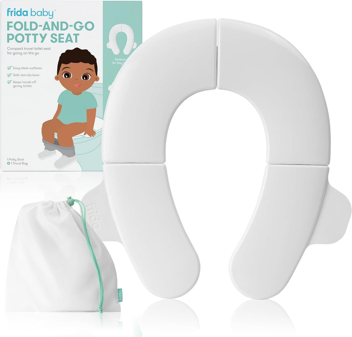 Frida Baby Fold-and-Go Portable Potty Seat for Toilet, Foldable Travel Potty Seat for Toddler, Fits Round & Oval Toilets, Non-Slip Base, Handles, Includes Free Travel Bag