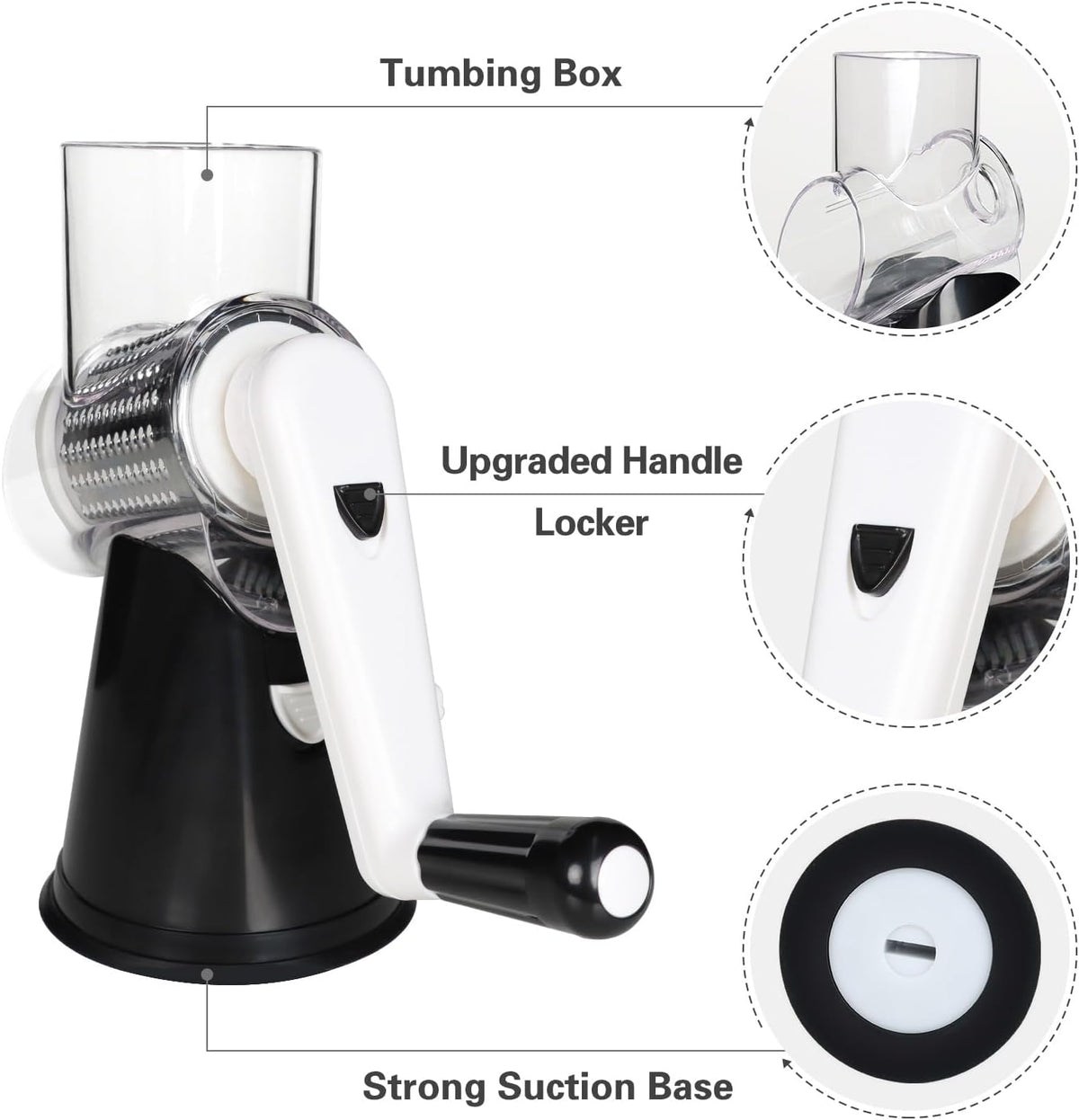 Cambom Rotary Cheese Grater Hand Crank Cheese Shredder for Fresh Cheese, Vegetable, Nuts,Non-slip Suction Base, Free Cleaning Brush Three Blades, Black