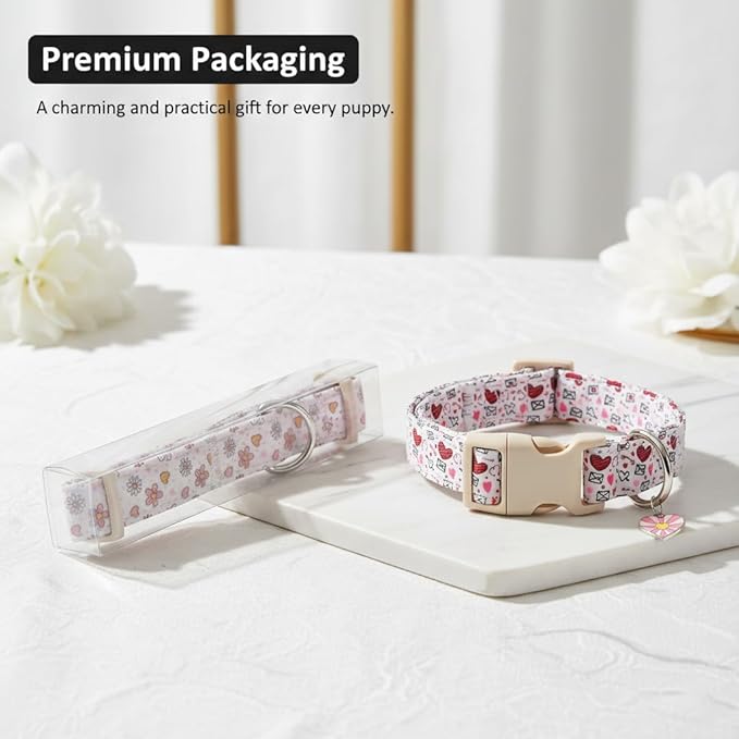 Cute Dog Collar, Yellow Plaid Dog Collar with White Floral Pattern, Spring Summer Design Floral Collar for Girls Boys Medium Dogs
