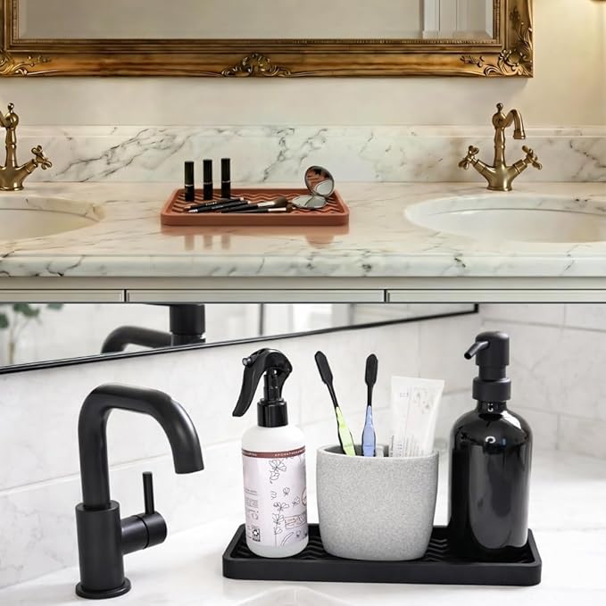 Silicone Sink Organizer Tray, Rectangular, Modern Style, Heat Safe, Dishwasher Safe, for Bathroom and Kitchen Organization (Smoky Blue, 12" x 4", 9.2 Ounces, Zigzag)