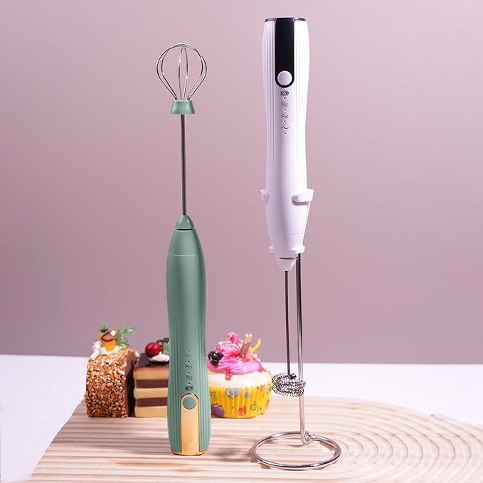 Rechargeable Milk Frother Handheld with Stand, Coffee Foam Frother Wand, Detachable Stainless Steel Whisk Drink Mixer for Coffee, Cappuccino, Lattes, Frappe, Matcha,Egg and Hot Chocolate, White