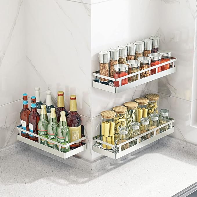 2PCS Kitchen Spice Rack, SUS304 Stainless steel Wall Mount Storage Rack, Seasoning Container, 15.7Inch Spice Organizer, Kitchen Seasoning Hanging Rack, Bathroom Shelf for Storing Toiletries