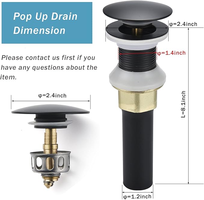 Rockgoya Bathroom Sink Drain,Drain Stopper Bathroom Sink Without Overflow,Pop Up Drain Assembly with Detachable Strainer Basket,Built-in Anti-Clogging Strainer,Stainless Steel Mattle Black