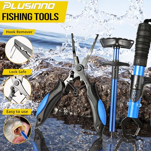 PLUSINNO Fishing Backpack with Tackle Boxes,Fishing Gear,42L Waterproof tackle Backpack with Rod Holders,Lures,Tools,Pliers & Accessories, Fish Gifts for Men - color: Black Camouflage With Tools
