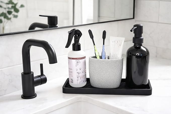 Silicone Sink and Surface Organizer Tray, Sponge Holder, Vanity Tray, Heat Safe, Dishwasher Safe, for Bathroom and Kitchen Organization (Dark Chocolate, 12"x4")