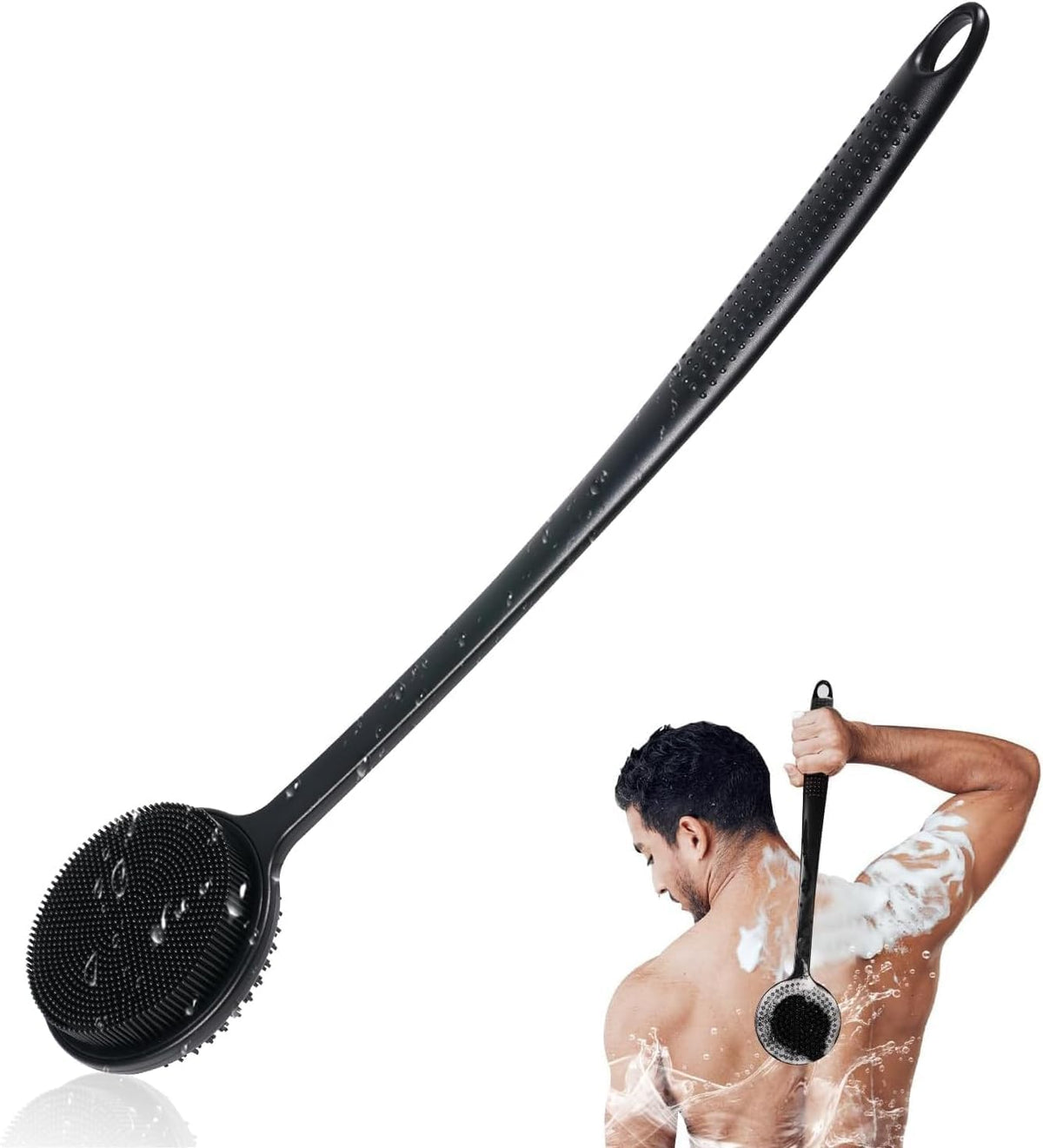VWMYQ Silicone Back Scrubber for Shower, 17in Lengthen Long Handle Body Brush, Double Sided Shower Brush for Shower Exfoliating and Massage Can Produce Rich Foam, Long Handle Back Scrubber for Men.