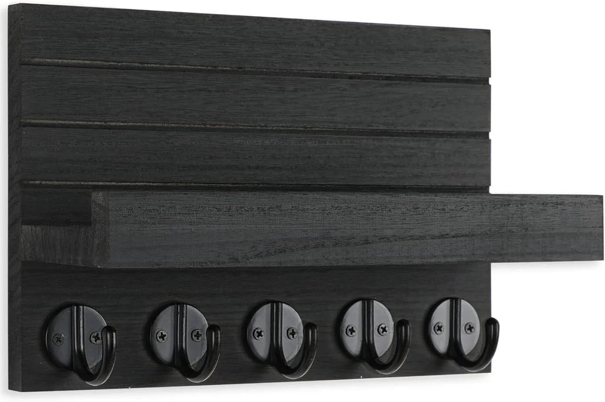 Wall Key Holder with Shelf, Hooks for Bags & Coats, Paulownia Wood, 9.8 x 6.7 x 4.2